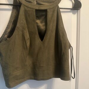 Bebe Women's S Army Green Sleeveless Faux Suede Cropped Halter Top